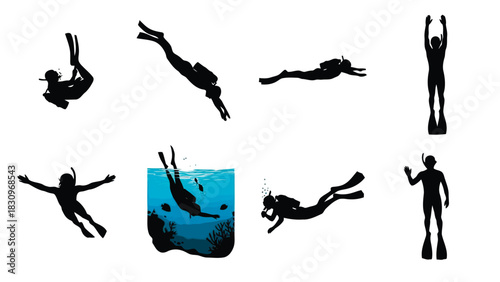 Flat vector silhouettes of scuba divers and snorkelers in various active underwater poses, swimming, diving, and, isolated on white background