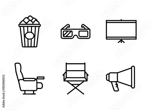Popcorn Glasses Cinema Screen Theater Seat Directors Chair Megaphone Minimal Icon Set