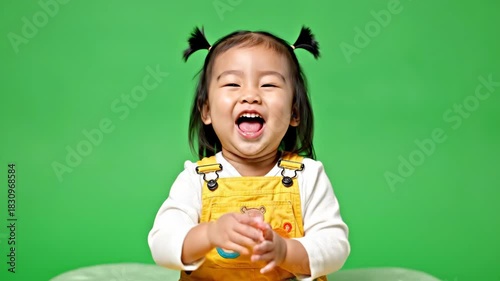 Happy Girl Clapping Hands Against Green Background