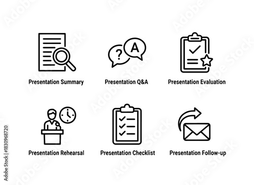 Presentation Summary Presentation Q&A Presentation Evaluation Presentation Rehearsal Icon Set
