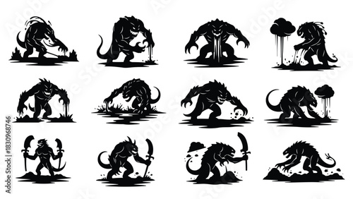 Dark fantasy monster silhouettes of aggressive reptilian creatures with sharp claws, teeth, horns, performing dynamic, isolated on white background