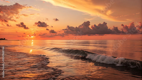 Fototapeta Naklejka Na Ścianę i Meble -  Ocean wave crashing on shore during vibrant sunset