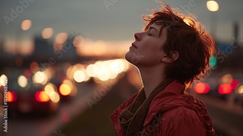 Moody nighttime scene featuring an individual in a red jacket, embracing the quiet atmosphere of the city after dark.