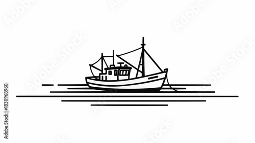 Minimalist Line Art Illustration of a Fishing Boat on Water.