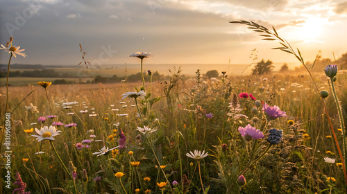 Fototapeta Naklejka Na Ścianę i Meble -  Wildflower meadow at sunset with warm golden light