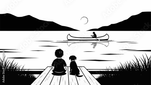 Boy and dog sitting on a dock watching a person in a canoe.