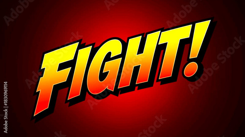 Comic book style word fight in bold yellow and orange text against a red background