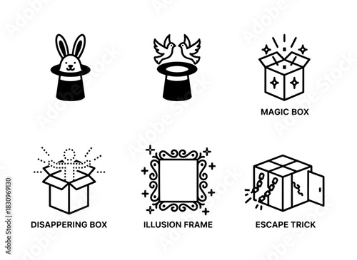 Rabbit in Hat Magic Doves Magic Box Disappearing Box Illusion Frame Escape Trick Icon Set
