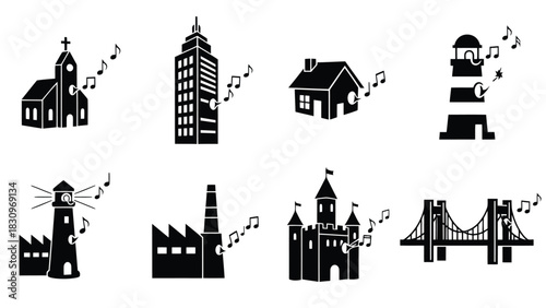 Flat vector black silhouette icons of diverse architectural structures emitting musical notes, symbolizing sound,, isolated on white background
