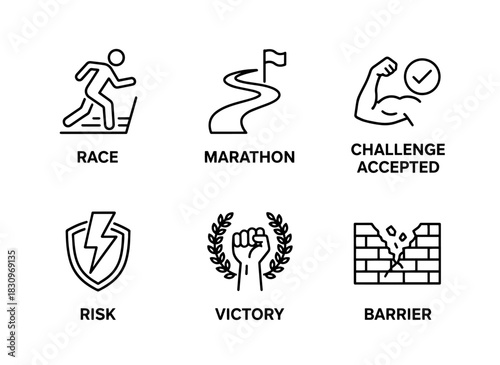 Race Marathon Challenge Accepted Risk Victory Barrier Minimal Bold Line Icon Set