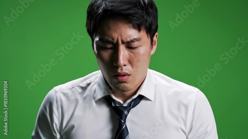 Man Frowning, Looking Down Against Green Backdrop