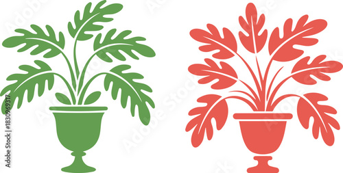 Two stylized potted plants one green and one red on a white background