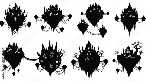 Dark fantasy flat vector silhouettes of mysterious jagged floating castle islands featuring spires, eerie bare trees,, isolated on white background