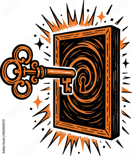 Vintage Key Keyhole Mystery Unlock Orange Art