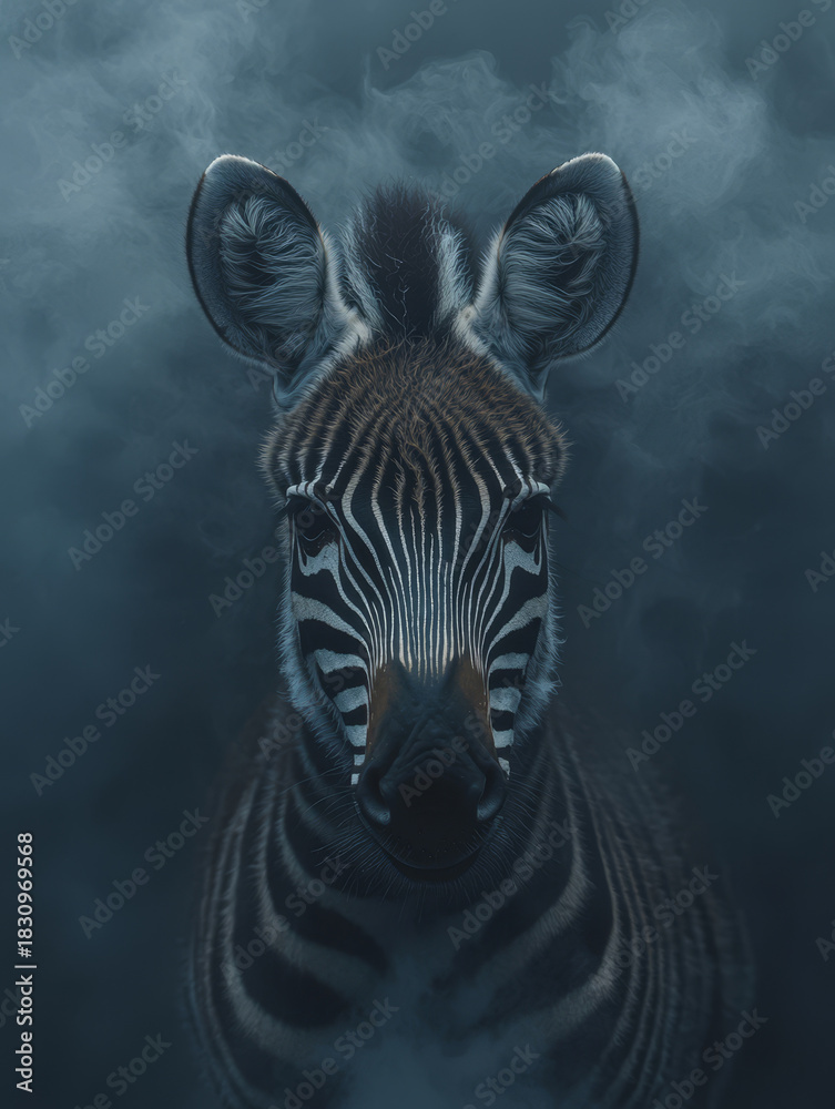 Naklejka premium Mysterious zebra portrait emerging from misty shadows.
