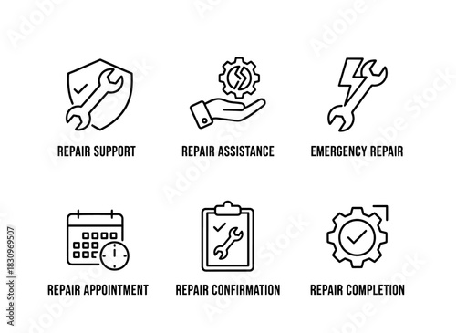 Repair Support Repair Assistance Emergency Repair Repair Appointment Repair Confirmation Icon Set