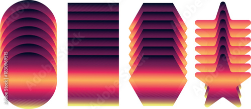 Geometric 80s Retro Sunset Composition Featuring Symmetrical Circular Forms and Layered Navy, Maroon, Red, and Yellow Gradient Square, Star, Circle etc