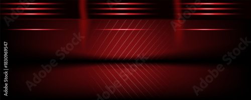 Studio interior with carbon fiber texture. Modern carbon fiber textured red black interior with light. Background for mounting, product placement. Vector background, template, mockup