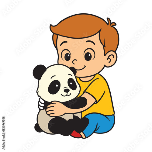 Boy Hugging a Cute Panda Toy Keywords: boy, child, panda, toy, stuffed animal, hugging, sitting