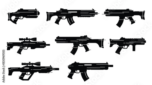 Modern futuristic firearms with prominent digital glitch effect, showcasing various assault rifles, submachine guns,, isolated on white background