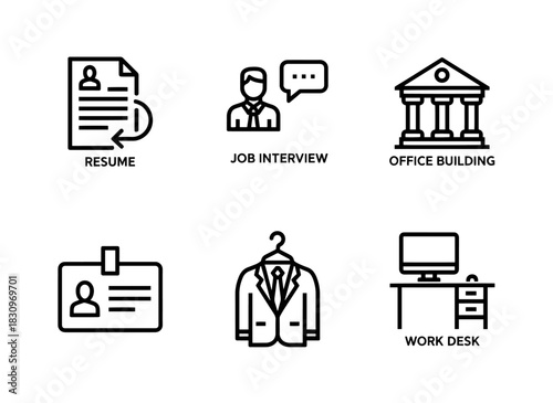 Resume Job Interview Office Building Employee ID Card Business Suit Work Desk Minimal Icon Set