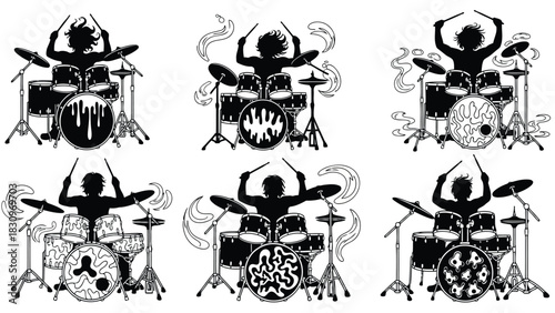 Collection of six energetic silhouette drummers with dynamic messy hair intensely playing various full drum kits, each, isolated on white background