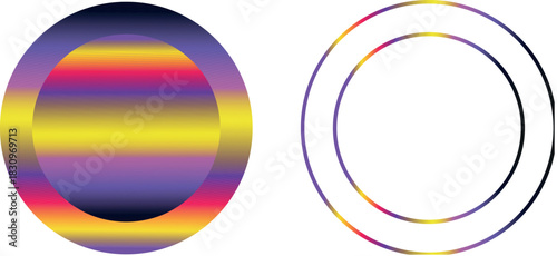 Vivid 80s-Inspired Retro Sunset Illustration with Circular Gradient Vector in Purple, Yellow, and Red Neon Hues Adorned Futuristic, Synth wave, and Retro-Themed Artwork