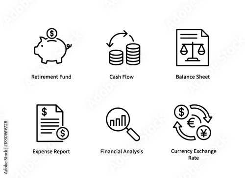 Retirement Fund Cash Flow Balance Sheet Expense Report Financial Analysis Currency Icon Set