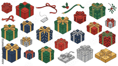 A festive collection of colorful Christmas gift boxes with ribbons and bows, isolated on a white background