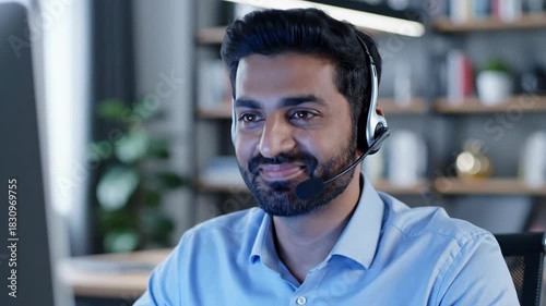 Man Smiling Working on PC with Headset Against Bookshelf