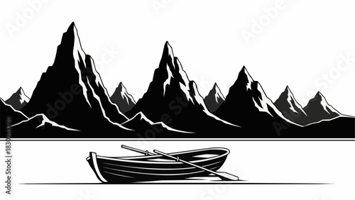 Monochrome Boat on Still Water with Mountain Backdrop.