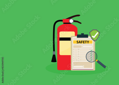Fire fighting checklist. Extinguisher and paper tablet with checkmarks. Document at clipboard. Firefighting safety. Flame prevention checklist page. Extinguishing guidance

