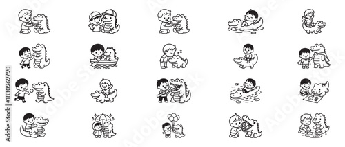 Playful Crocodile and Child Illustrations Collection Keywords: crocodile, alligator, child, boy