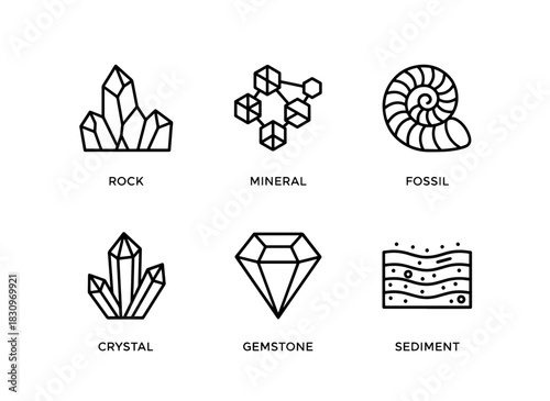 Rock Mineral Fossil Crystal Gemstone Sediment Minimal Bold Line Icon Set