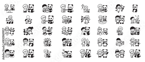 Cute Panda and Child Illustrations Collection Keywords: panda, child, boy, girl, friendship