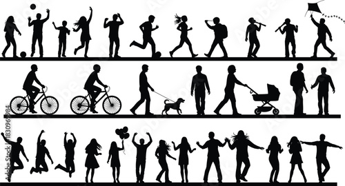 Human activity silhouette set, people playing, walking, dancing, cycling, social interaction, outdoor leisure illustration, lifestyle concept, flat vector