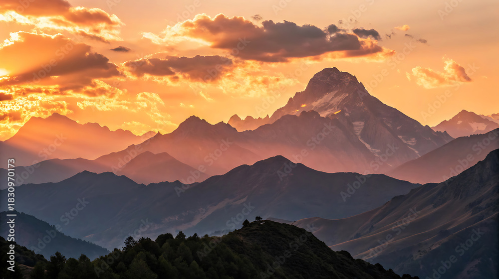 Fototapeta premium Majestic mountain range silhouette at dramatic sunset