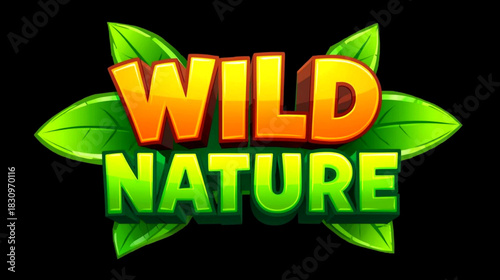 Wild nature game logo design with 3d orange and green text surrounded by leaf