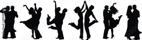 Dancing couple silhouette set, expressive poses, romantic movement, partner lifts, twirls, elegant choreography illustration, performance art concept, flat vector