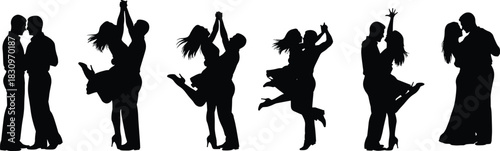 Dancing couple silhouette set, romantic dance poses, twirls, lifts, close embrace illustration, performance movement concept, love expression, flat vector