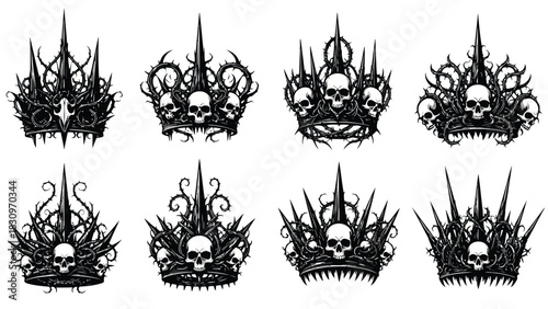 Menacing dark gothic crowns adorned with human skulls, sharp spikes, and twisted thorny branches, presented as a, isolated on white background