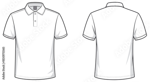 Classic White Polo Shirt CAD Drawing With Front And Back Views Presented In Clean Flat Vector Illustration Style As A Minimalist Fashion Apparel Template And Precise Technical Clothing Design Layout