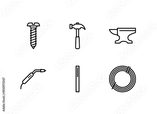Screw Hammer Anvil Welding Torch Metal Rod Metal Wire Minimal Bold Line Icon Set