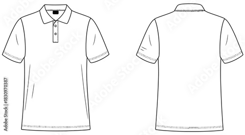 Classic White Polo Shirt CAD Drawing With Front And Back Views Presented In Clean Flat Vector Illustration Style As A Minimalist Fashion Apparel Template And Precise Technical Clothing Design Layout