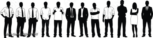 Professional silhouette group, diverse business attire, men and woman standing poses, corporate team concept, office illustration, leadership symbol, flat vector