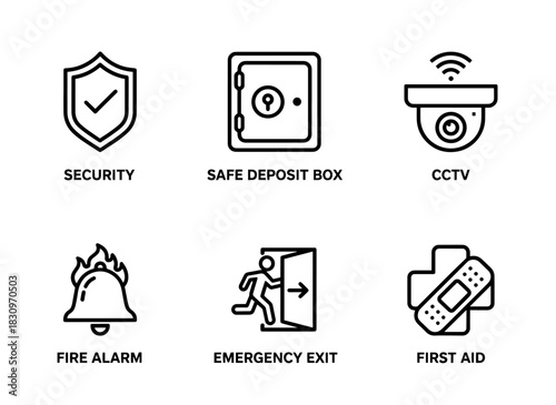 Security Safe Deposit Box CCTV Fire Alarm Emergency Exit First Aid Minimal Bold Line Icon Set