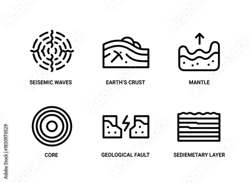 Seismic Waves Earth Crust Mantle Core Geological Fault Sedimentary Layer Minimal Bold Line Icon Set