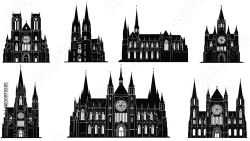 Six detailed Gothic cathedral silhouettes with spires, rose windows, representing historical European church, isolated on white background