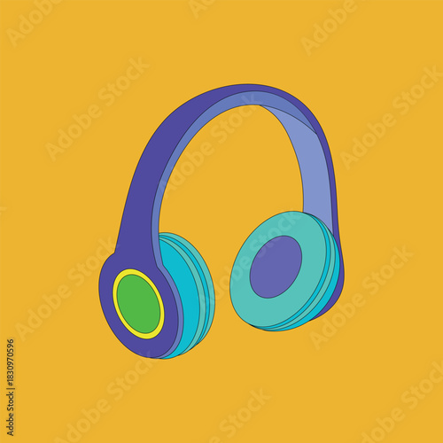 Colorful headphones on a yellow background. Wireless music headphones in retro style. Vector illustration of headphones for listening to music, audiobooks, or podcasts.