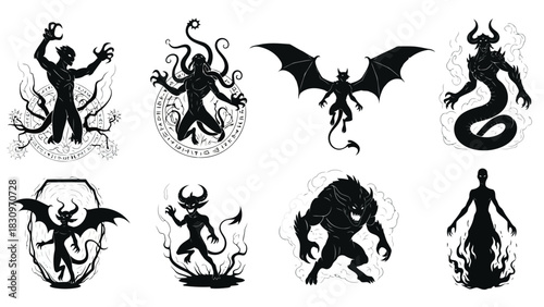 Menacing dark fantasy creatures and mythical monsters, featuring horned devils, winged demons, tentacled beasts, and, isolated on white background